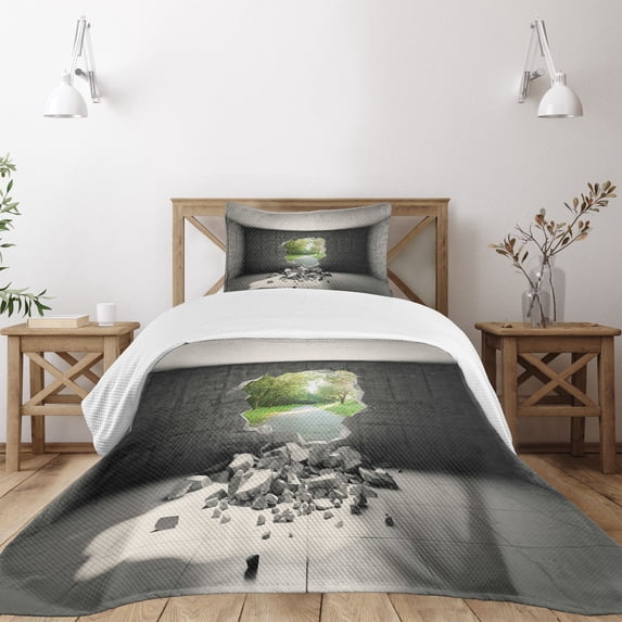 Ambesonne Grey Quilted Bedspread Set 2 Pcs, Concrete Room Hole Exit, Twin Size, Grey Green