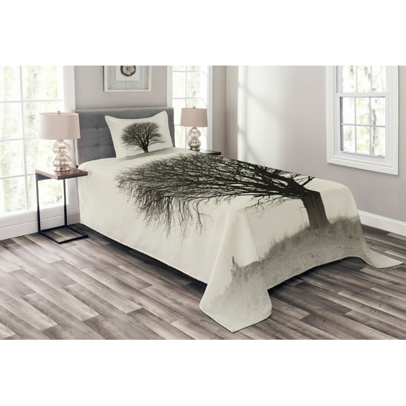 Ambesonne Grey Quilted Bedspread Set 2 Pcs, Fall Tree Monochrome Art, Twin Size, Beige Black