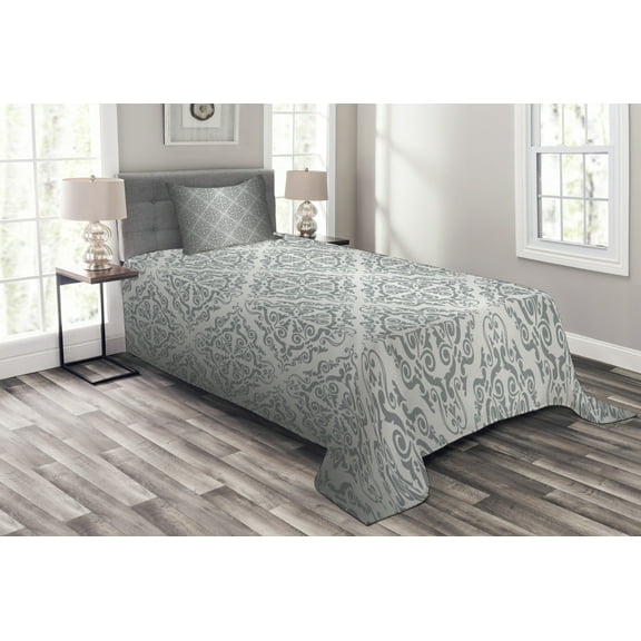 Ambesonne Grey Quilted Bedspread Set 2 Pcs, Monochrome Victorian, Twin Size, Grey Pale Grey