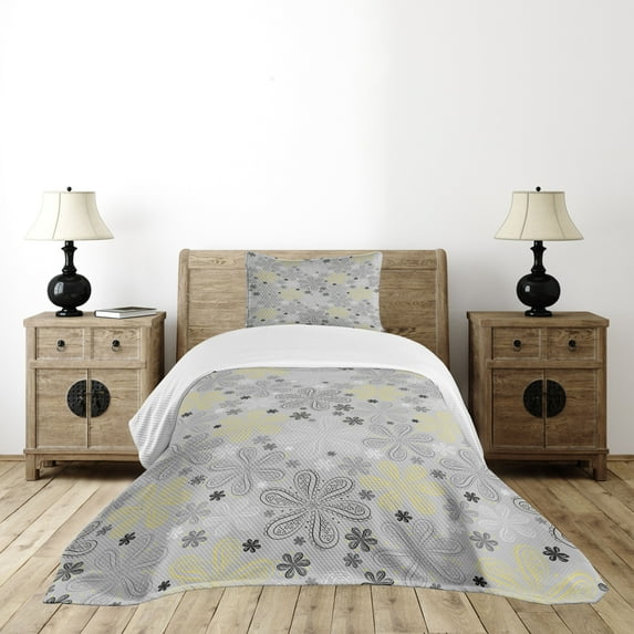 Ambesonne Grey Quilted Bedspread Set 2 Pcs, Style Yellow Flower, Twin Size, Pale Grey White