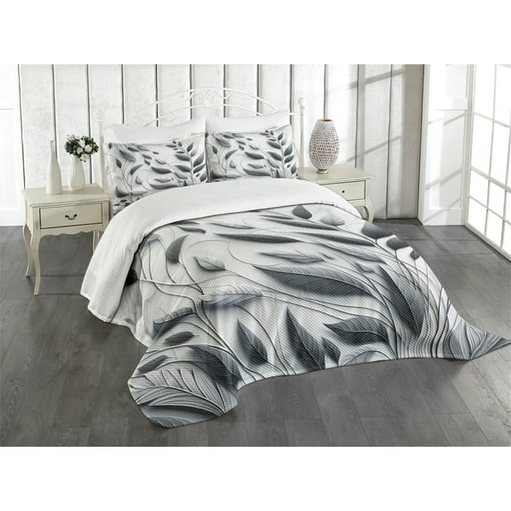 Ambesonne Grey Quilted Bedspread Set 3 Pcs, Autumnal Leaves Melancholic, Queen Size, Purpleblue Coconut
