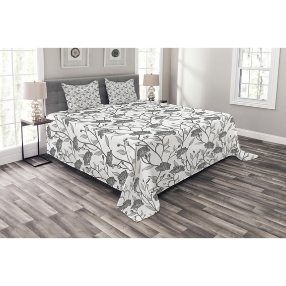 Ambesonne Grey Quilted Bedspread Set 3 Pcs, Blooming Flowers Buds Art, Queen Size, Grey White