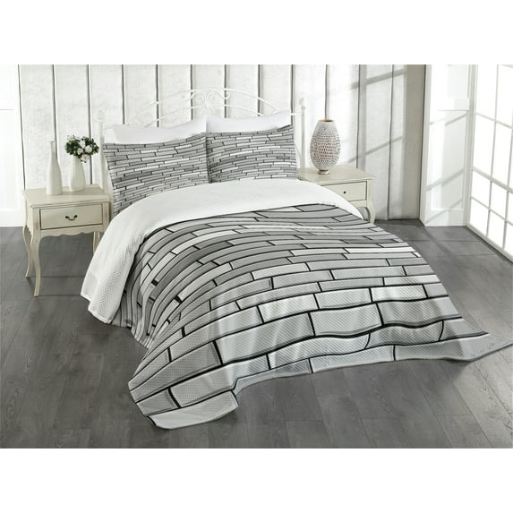 Ambesonne Grey Quilted Bedspread Set 3 Pcs, Brick Wall English Style, Queen Size, Grey