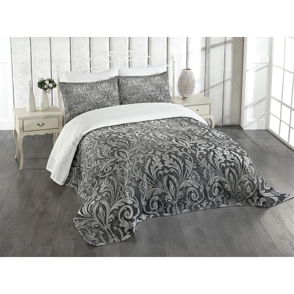 Ambesonne Grey Quilted Bedspread Set 3 Pcs, Classic Floral Ornament, Queen Size, Grey Black