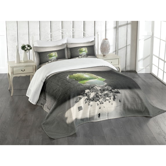 Ambesonne Grey Quilted Bedspread Set 3 Pcs, Concrete Room Hole Exit, Queen Size, Grey Green