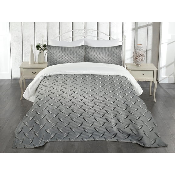 Ambesonne Grey Quilted Bedspread Set 3 Pcs, Diamond Plate Effects, Queen Size, Grey