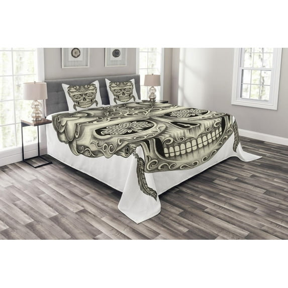 Ambesonne Grey Quilted Bedspread Set 3 Pcs, Floral Sugar Skull, King Size, Grey Ivory