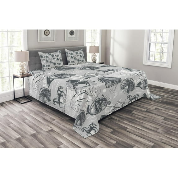 Ambesonne Grey Quilted Bedspread Set 3 Pcs, Horse Royal Animal Retro, King Size, Grey White