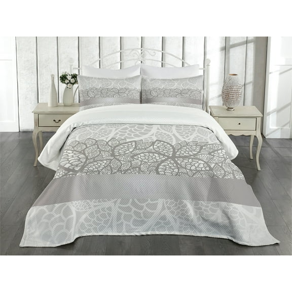 Ambesonne Grey Quilted Bedspread Set 3 Pcs, Lace Inspired Floral, King Size, Grey Pale Grey White