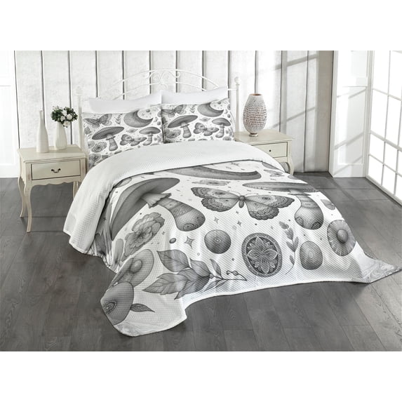 Ambesonne Grey Quilted Bedspread Set 3 Pcs, Medieval Nature Moth Moon Leaf, King Size, Dark Taupe Off White