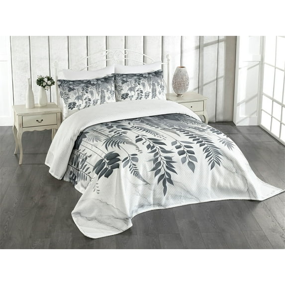 Ambesonne Grey Quilted Bedspread Set 3 Pcs, Muted Tone Laurel Leaves Print, Queen Size, Purpleblue Off White