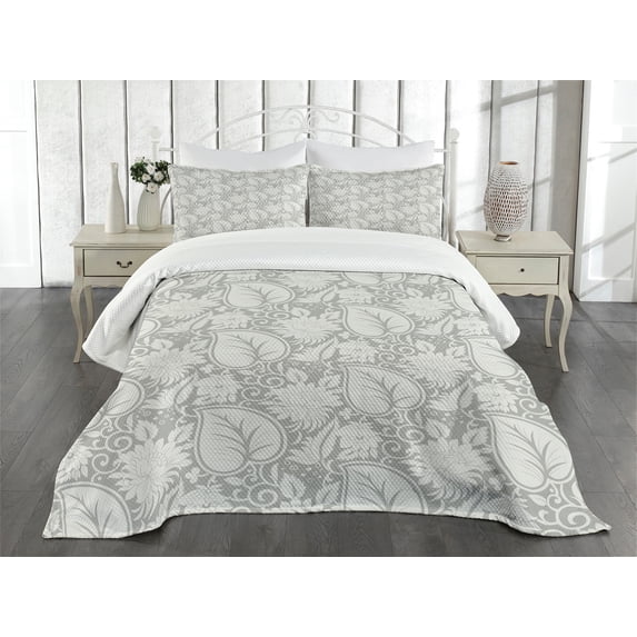 Ambesonne Grey Quilted Bedspread Set 3 Pcs, Paisley Blooming Flowers, Queen Size, Grey