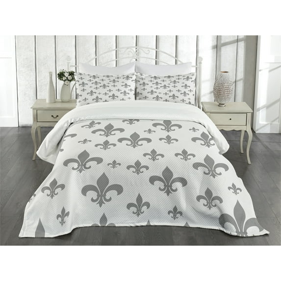 Ambesonne Grey Quilted Bedspread Set 3 Pcs, Retro Royal Vintage, Queen Size, Grey