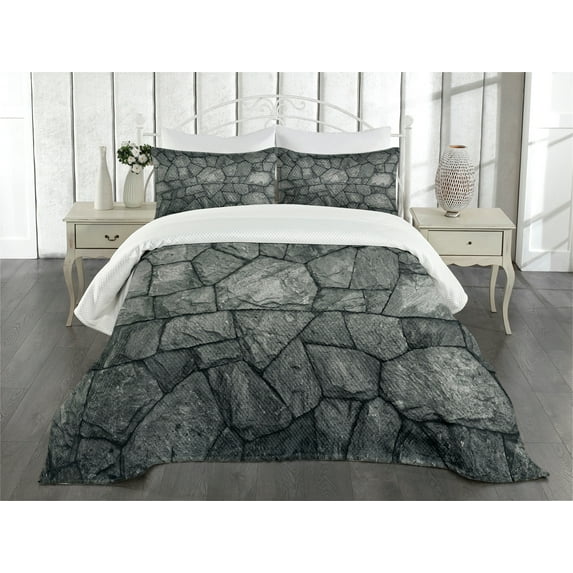 Ambesonne Grey Quilted Bedspread Set 3 Pcs, Stone Wall Rough Rusty, Queen Size, Grey