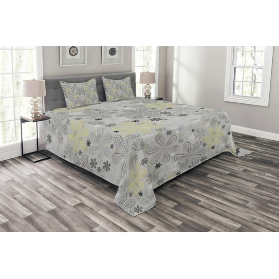 Ambesonne Grey Quilted Bedspread Set 3 Pcs, Style Yellow Flower, Queen Size, Pale Grey White