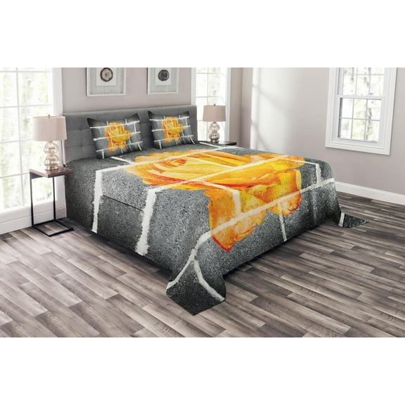 Ambesonne Grey Quilted Bedspread Set 3 Pcs, Warm Rose Brick Wall, King Size, Grey Orange
