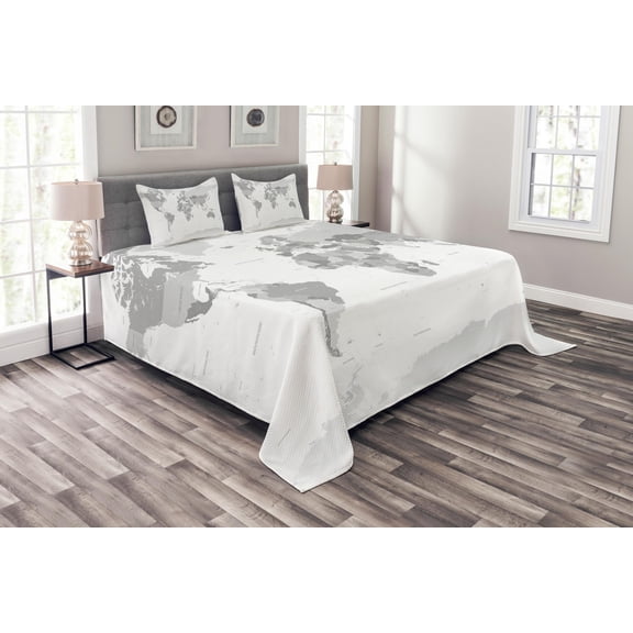 Ambesonne Grey Quilted Bedspread Set 3 Pcs, World Map Continents Earth, King Size, White Grey