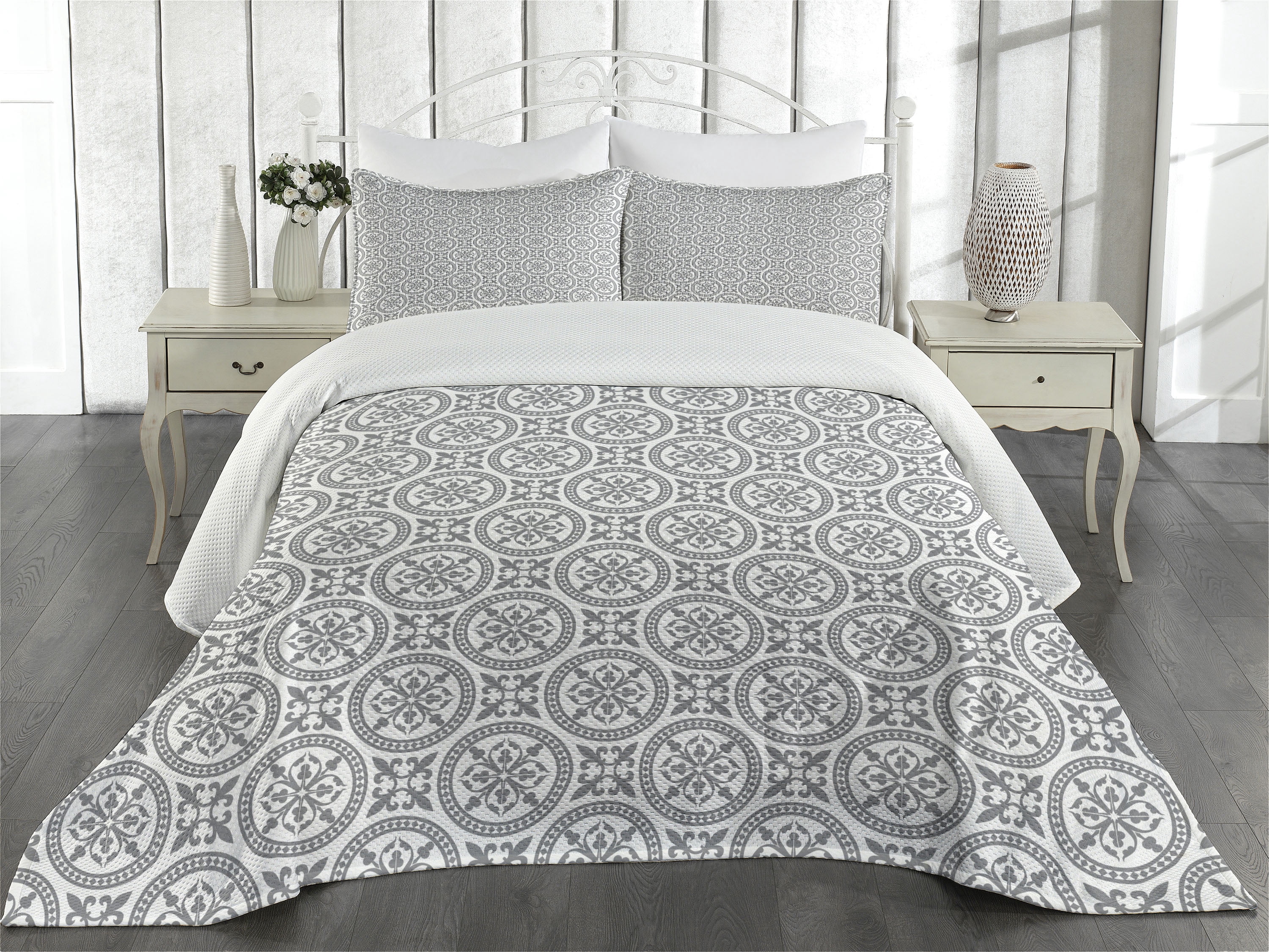 Grey Pattern Cover Ambesonne Grey Quilted Coverlet 3 Pcs, Antique Vintage Patterns, Queen ...