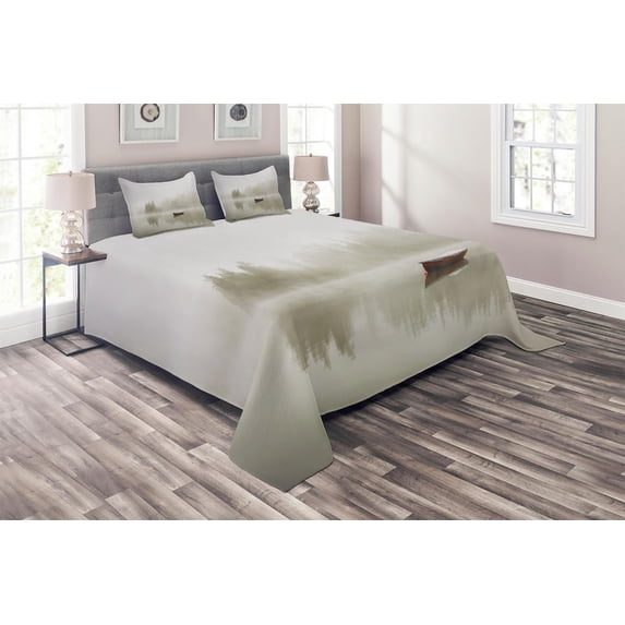Ambesonne Grey Quilted Coverlet 3 Pcs, Boat on Lake Nature, King Size, Eggshell Brown Orange