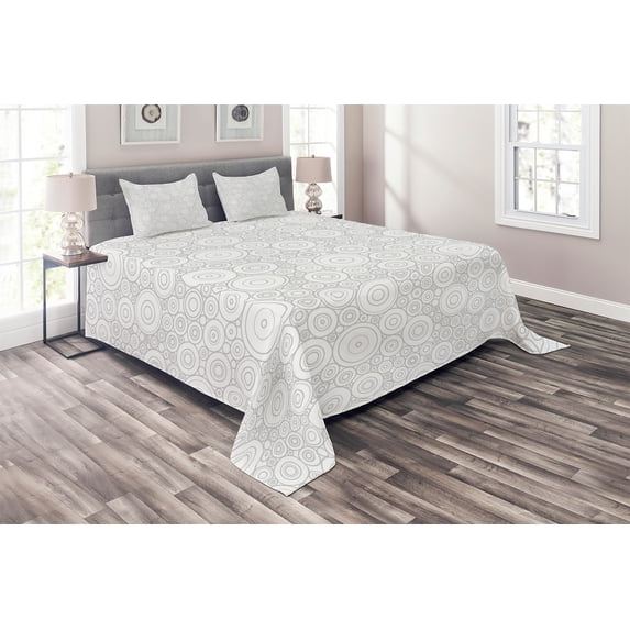 Ambesonne Grey Quilted Coverlet 3 Pcs, Geometric Circles Retro, Queen Size, Grey White