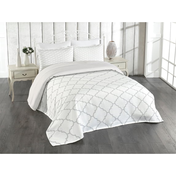 Ambesonne Grey Quilted Coverlet 3 Pcs, Monochrome Damask Pattern, Queen Size, White Grey