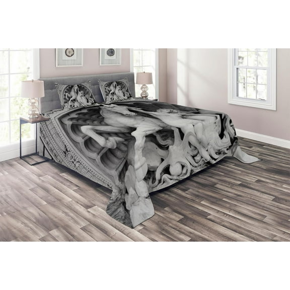 Ambesonne Grey Quilted Coverlet 3 Pcs, Nymph Octopusrt, Queen Size, Grey