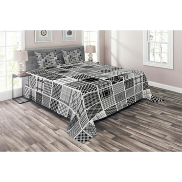 Ambesonne Grey Quilted Coverlet 3 Pcs, Plaid Patchwork Retro, Queen Size, White Black Grey