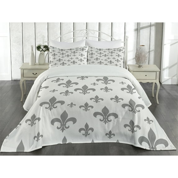 Ambesonne Grey Quilted Coverlet 3 Pcs, Retro Royal Vintage, Queen Size, Grey