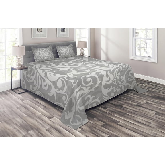 Ambesonne Grey Quilted Coverlet 3 Pcs, Victorian Leaf Flowers, King Size, Grey