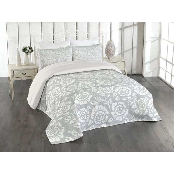 Ambesonne Grey Quilted Coverlet 3 Pcs, Vintage Style White Roses, Queen Size, Grey White