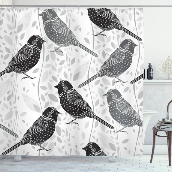Ambesonne Grey Shower Curtain, Birds and Floral Patterns, 69"Wx75"L, Grey White Black