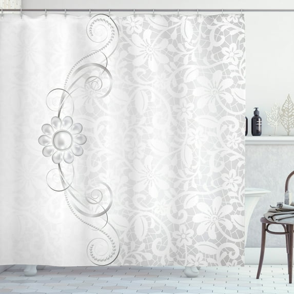Ambesonne Grey Shower Curtain, Bridal Flourish Motifs, 69"Wx84"L, Grey White