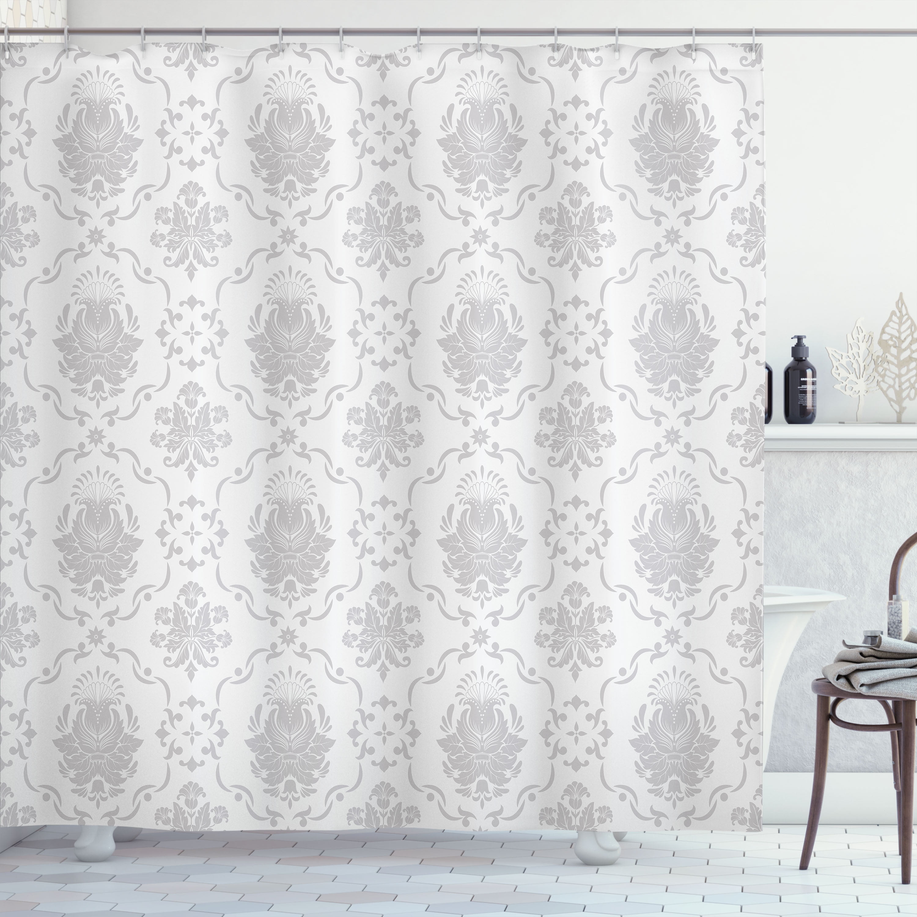 Pale Gray Victorian Damask Fabric Shower Curtain