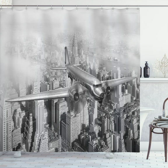 Ambesonne Grey Shower Curtain, Flying Plane on New York, 69"Wx75"L, Black and White