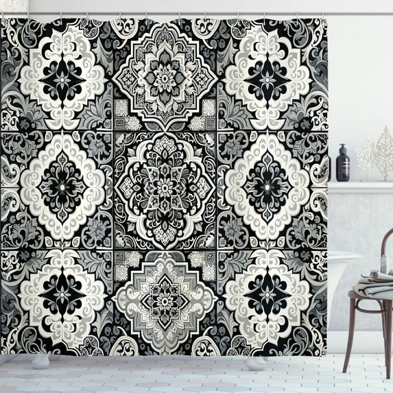 Ambesonne Grey Shower Curtain, Oriental Trippy Moroccan Print, 69"Wx75"L, Off White Dimgray