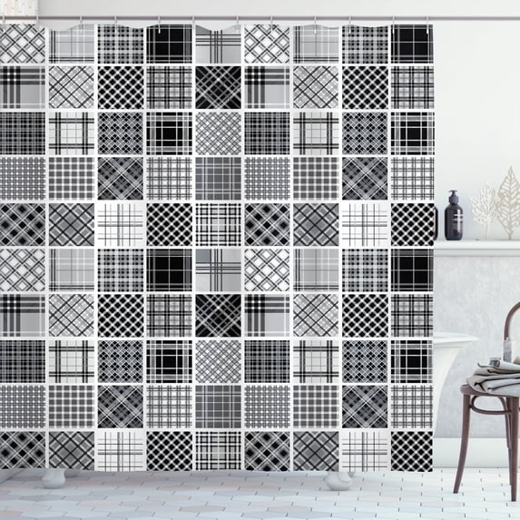 Ambesonne Grey Shower Curtain, Plaid Patchwork Retro, 69"Wx84"L, White Black Grey