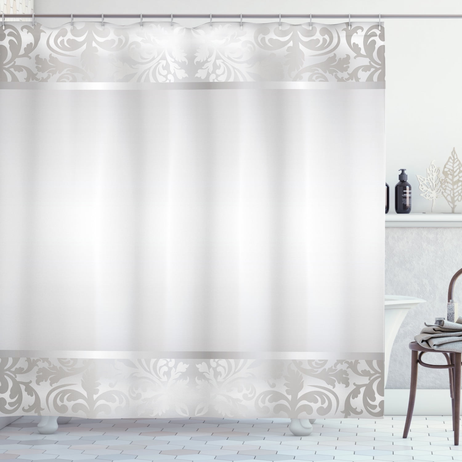 Pale Gray Victorian Damask Fabric Shower Curtain