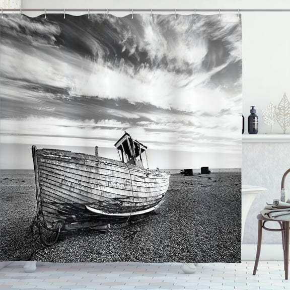 Ambesonne Grey Shower Curtain, Wooden Boat on Beach Dusk, 69"Wx70"L, Grey