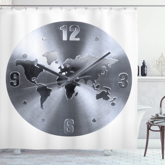 Ambesonne Grey Shower Curtain, World Map Clock Pattern, 69"Wx70"L, Blue Grey