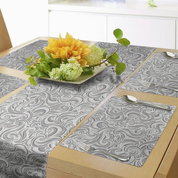 Ambesonne Grey Table Runner & Placemats, Abstract Curly Waves Ornament, Placemat 4 pcs + Runner 16"x90", Grey