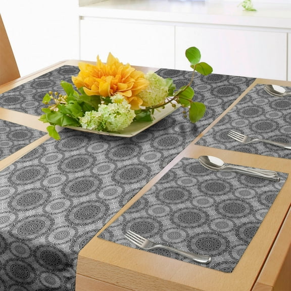 Ambesonne Grey Table Runner & Placemats, Abstract Damask Flowers, Placemat 4 pcs + Runner 12"x72", Grey Black White