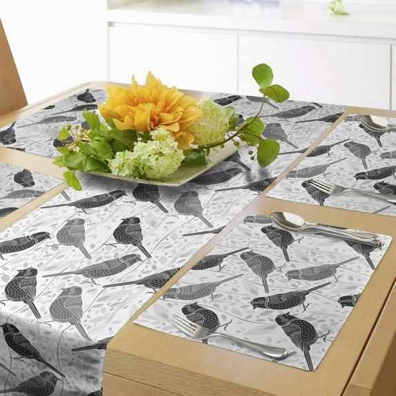 Ambesonne Birds Table Runner & Placemats, Northern Mockingbirds, Placemat 4 pcs + Runner 16"x72", Grey Black White