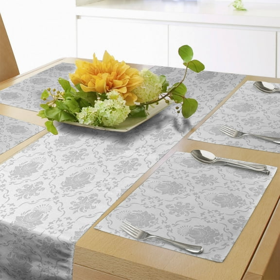 Ambesonne Grey Table Runner & Placemats, Damask Victorian Bohemian, Placemat 4 pcs + Runner 14"x72", Grey