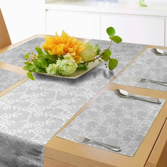 Ambesonne Grey Table Runner & Placemats, Oriental Lace Pattern, Placemat 4 pcs + Runner 14"x72", White