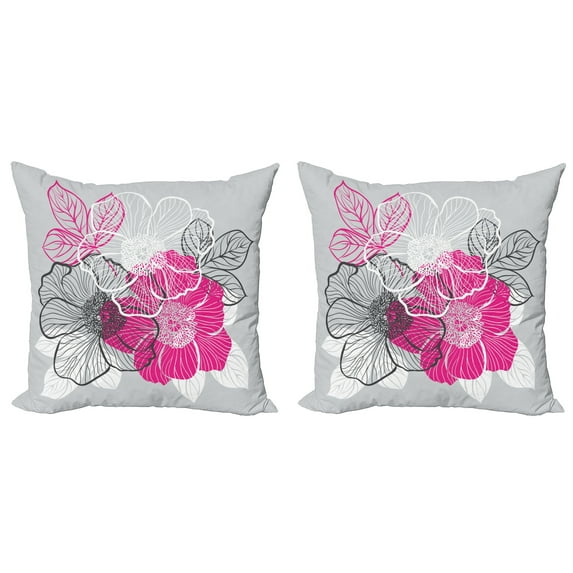 Ambesonne Grey Throw Pillow Cover 2 Pack, Abstract Bridal Peonies, 16", Grey Magenta White