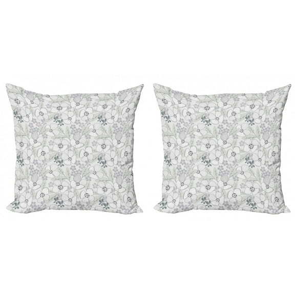 Ambesonne Grey Throw Pillow Cover 2 Pack, Abstract Sketchy Flowers, 16", Pale Grey and White