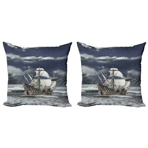 Ambesonne Grey Throw Pillow Cover 2 Pack, Caribbean Pirates Ship, 16", Blue Grey Pale Grey