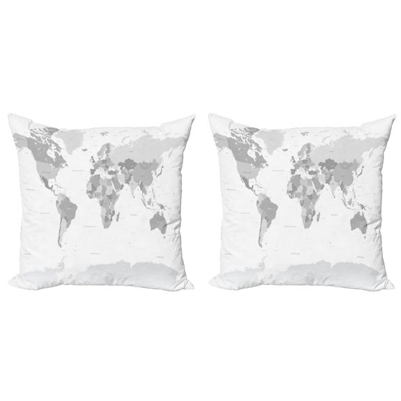 Ambesonne Grey Throw Pillow Cover 2 Pack, World Map Continents Earth, 16", White Grey