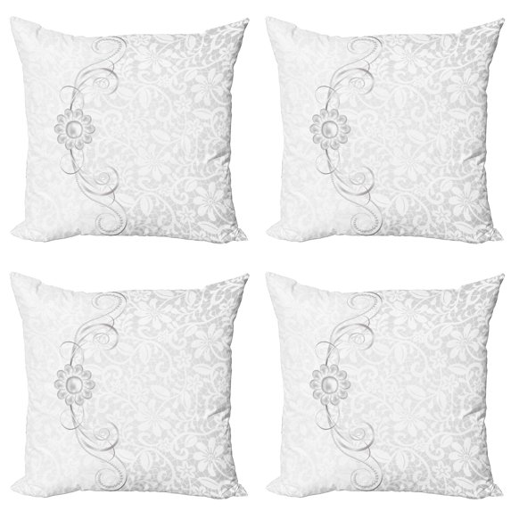 Ambesonne Grey Throw Pillow Cover 4 Pack, Bridal Flourish Motifs, 18", Grey White