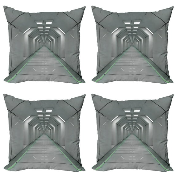 Ambesonne Grey Throw Pillow Cover 4 Pack, Corridor in Ship Space, 20", Green